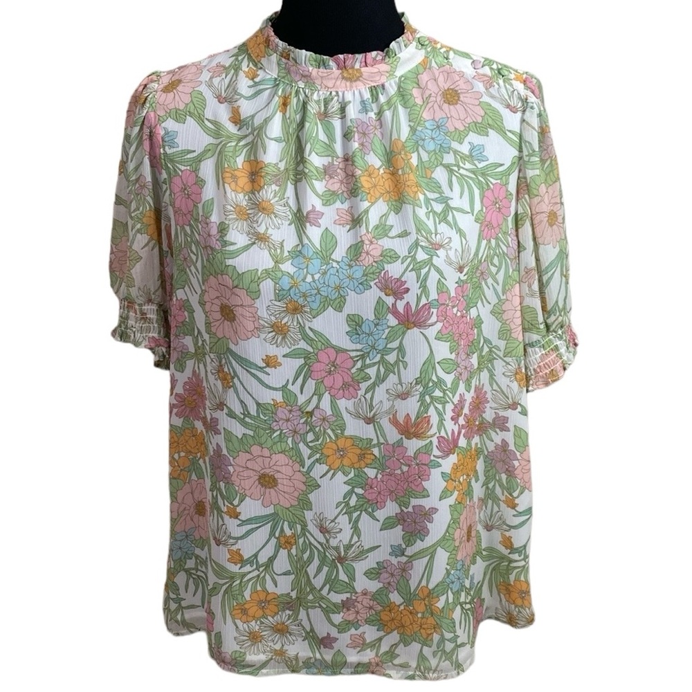 Vince Camuto Floral Ruffled Neck Blouse in Pastel Pink, Green & Yellow